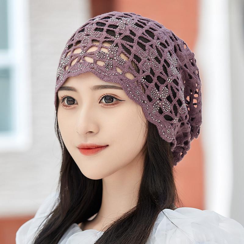Women's Spring Summer Single Layer Thin Hollow Flower Rhinestone Headscarf Hat Breathable Lace Crochet Cap for Covering White Hair Slouchy Hat