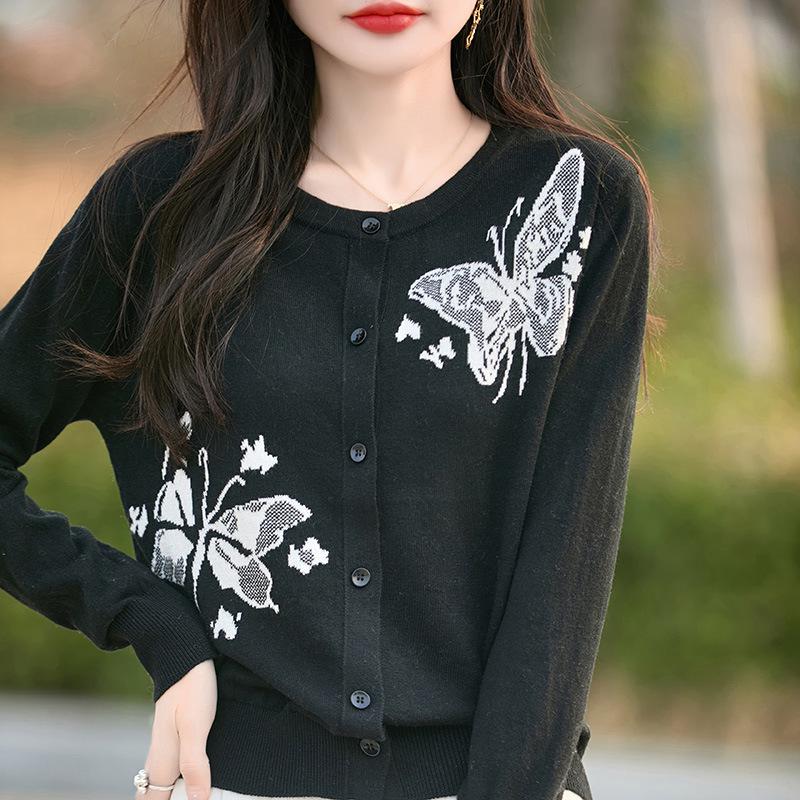 2025 Spring/Summer Women's Butterfly Intarsia Knitted Wool Cardigan – Loose Fit, Round Neck, Long Sleeve