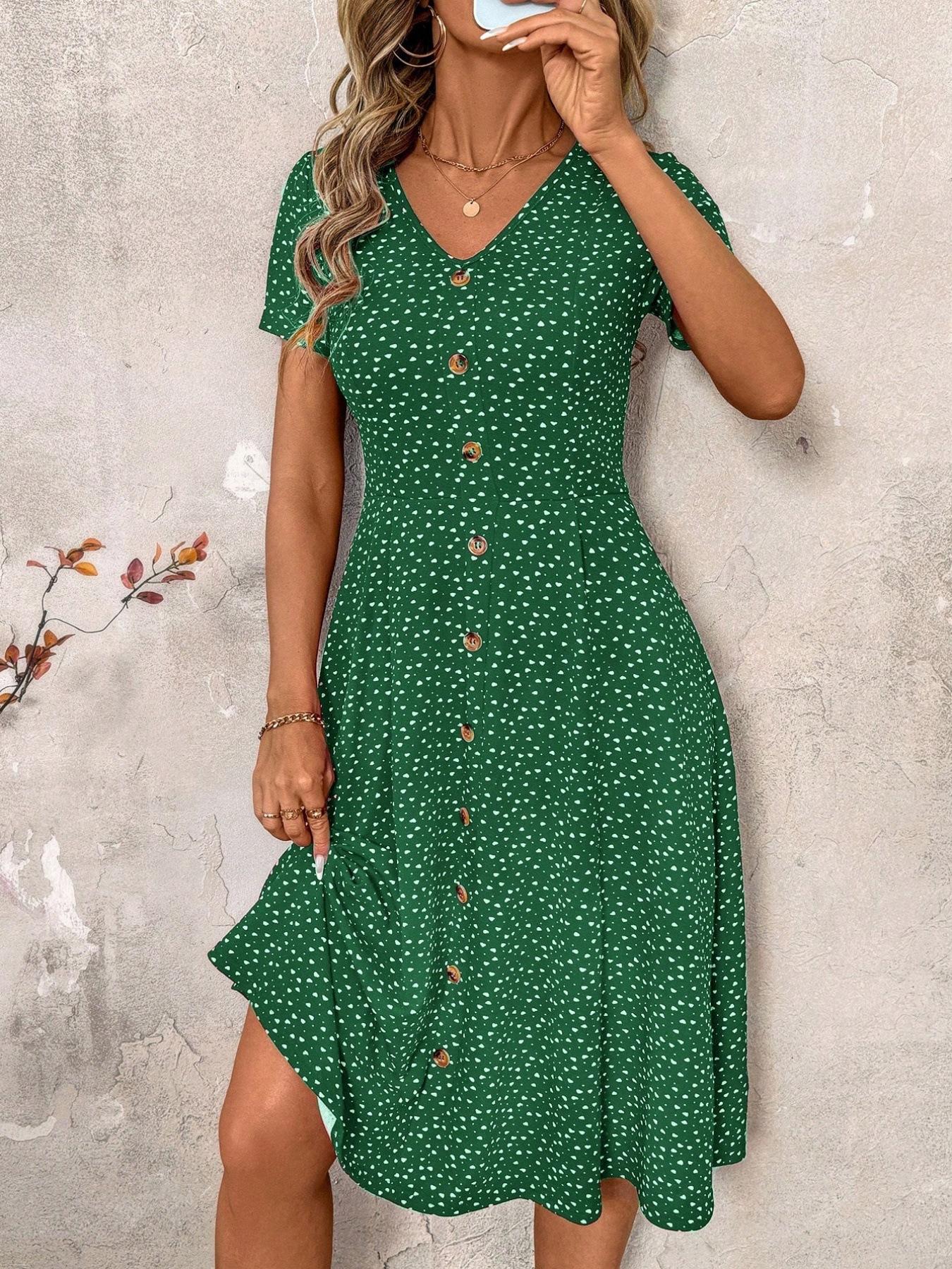 

Summer new fashion polka dot women s dress sexy V-neck breasted short-sleeved floral dress XXL зелений