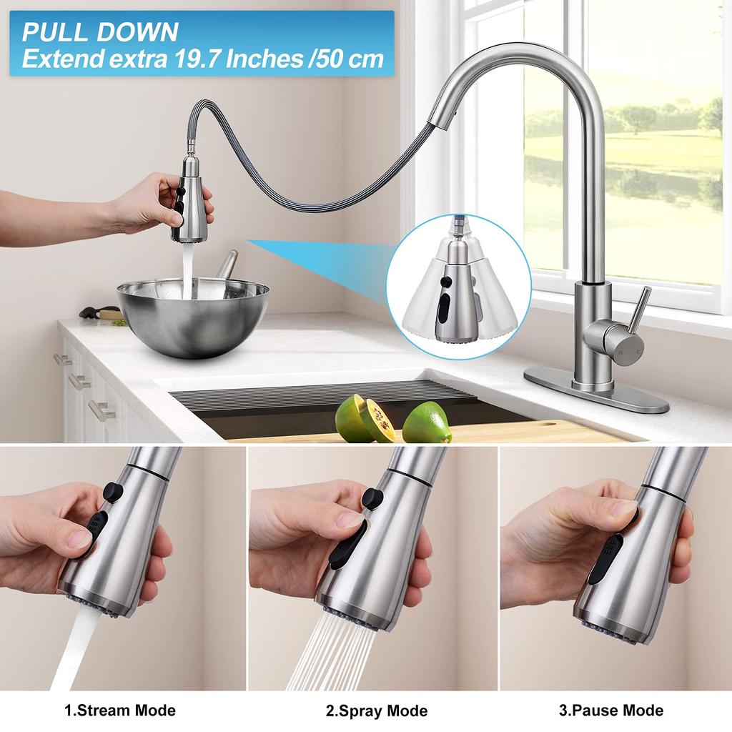 304 Stainless Steel Pull-out with One-button Water Stop 360 Rotating Telescopic Faucet, Hot and Cold Water Mixing, Brushed Type