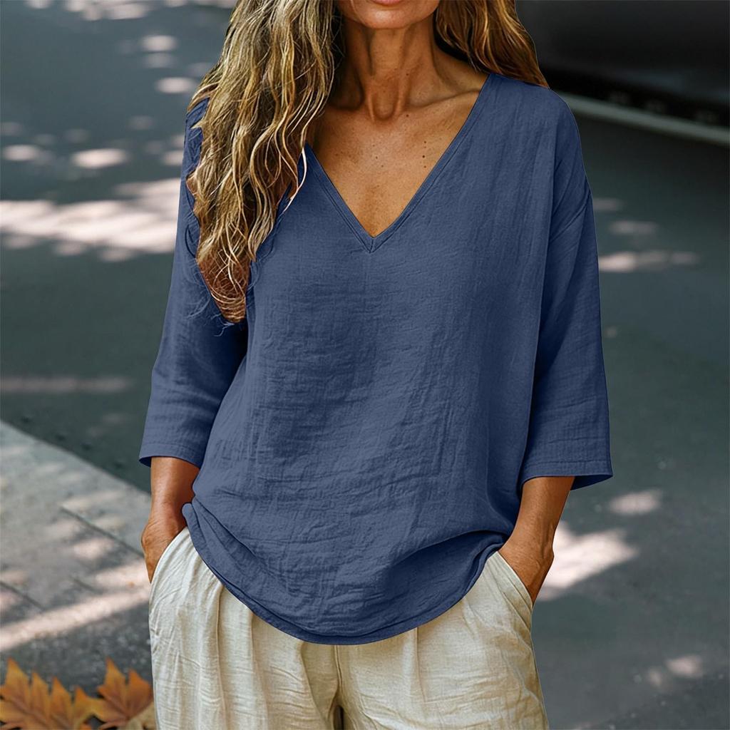 Women's Fashionable Loose-Fit -Color Cotton-Linen V-Neck Casual Blouse