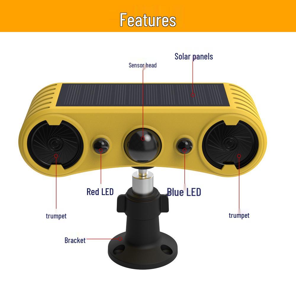 Solar-Powered Dual-Speaker Outdoor Pest Repeller with Red & Blue Flashing Lights
