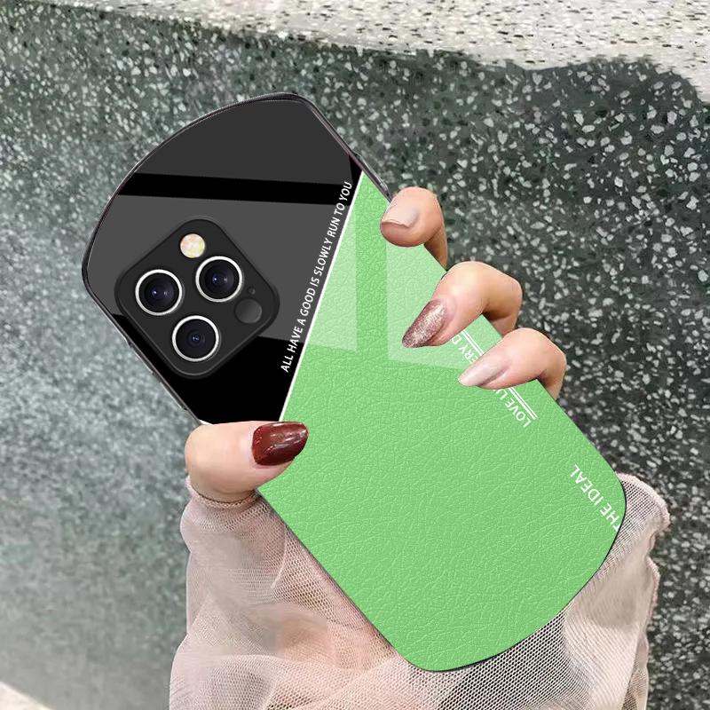 Leather Element Blue For IPhone 16e 16 Pro Max 11 12 Mini 13 14 P Lus 15 Plus 7 8 Se 2020 Elliptical Tempered Glass Phone Case