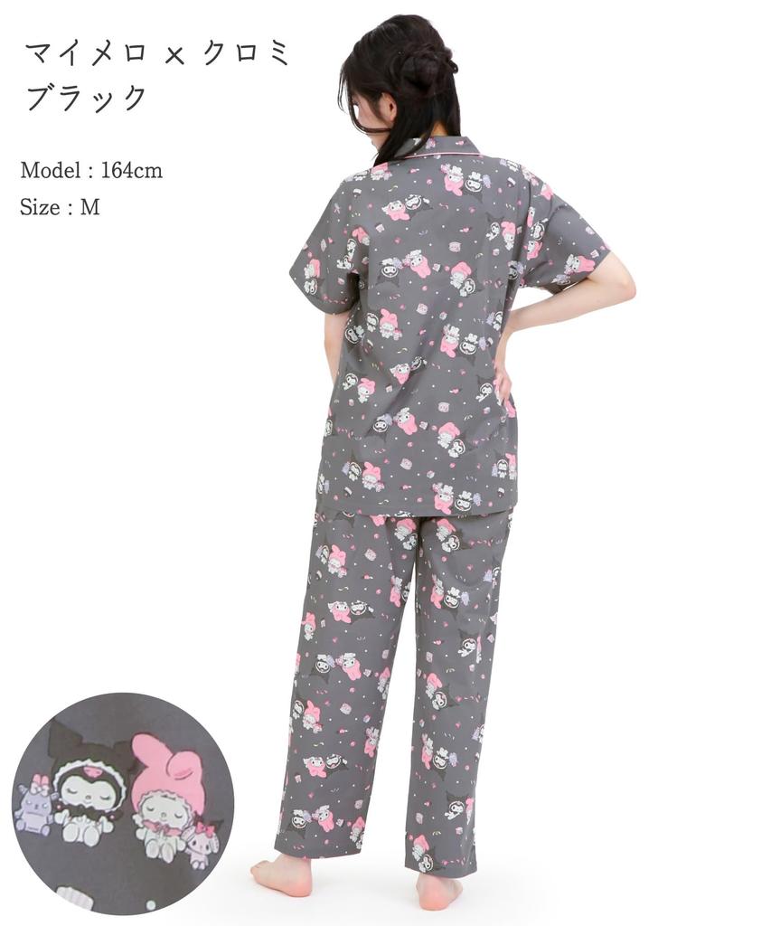 SAZAC Angel My Melody X Kuromi Shirt Cotton Short Sleeve and Long Pants Loungewear Pajamas, 100% Broadcloth, Women's Set, (Black/M/SAN1947)