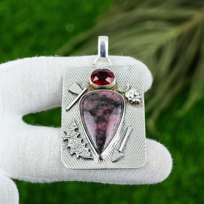 Anniversary Gift For Her Natural Rhodonite Gemstone Pendant 925 Sterling Silver