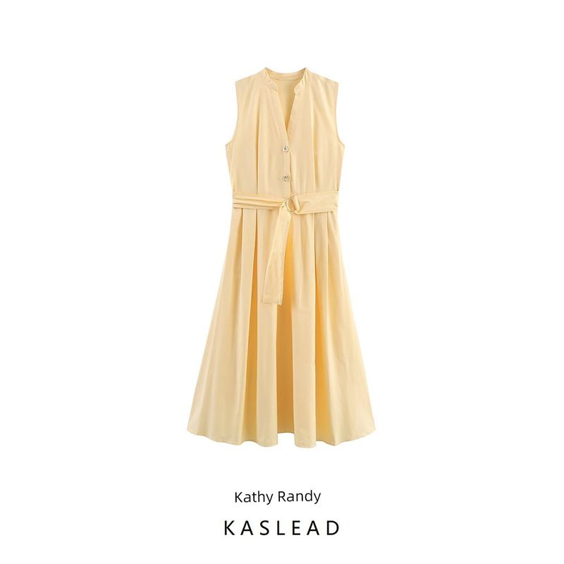 Kaslead New Women Clothes Western Style Fashion With Belt Poplin Midi Dress 5029128