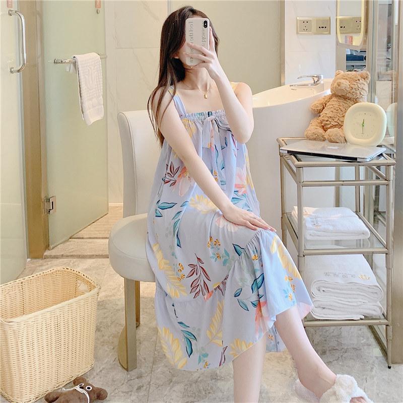 Cotton Nightdress Women'S Summer Thin Pajamasspring And Autumn Cotton Korean Cute Casual Print Dress Loungewear