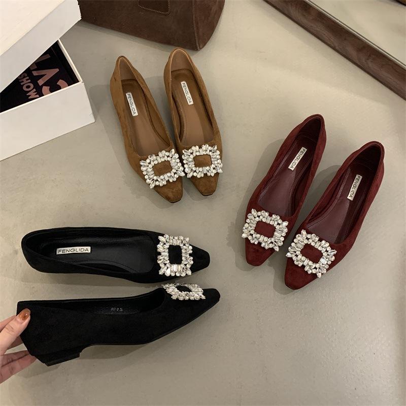 Retro Suede Rhinestone Square Buckle Flat-soled Single Shoes for Women's 2025 Spring and Autumn New French Square Head Shallow Mouth Soft-soled Doud
