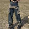 Men's Fringe Ripped Jeans & Women's Cargo Pants with Big Pocket Design - Summer Retro Style.