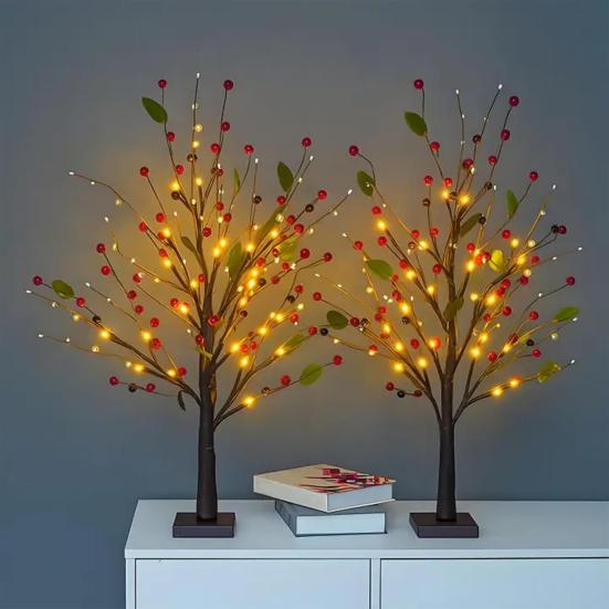 22" Berry Blossom Twinkling Tree with Lights 24 LED Lighted Branches Artificial Christmas Tabletop Bonsai Lamp for Living Room Bedroom Home Decor