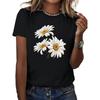 Women Black White Daisy Print T-Shirt 3 Large Blooming Daisies Round Neck Short Sleeve No Fade Machine Washable Spring Summer Casual Top