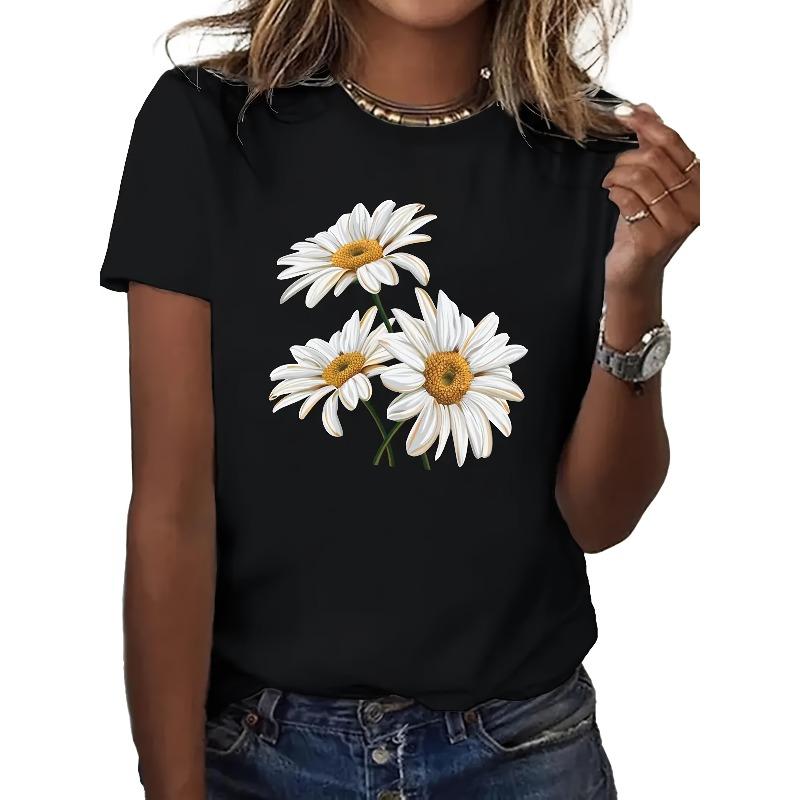 Women Black White Daisy Print T-Shirt 3 Large Blooming Daisies Round Neck Short Sleeve No Fade Machine Washable Spring Summer Casual Top