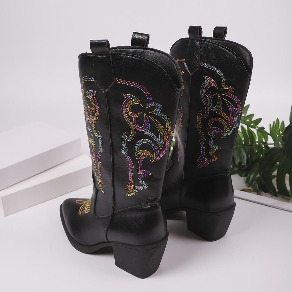 Direct supply V-port sequined western cowboy boots women's middle heel pointed knight boots large size leather boots
