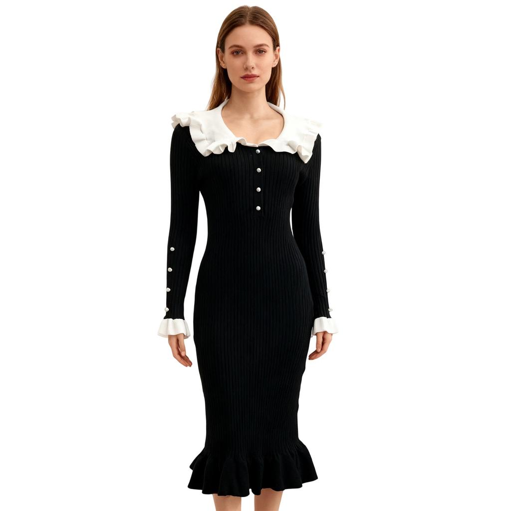 French Skirt Ruffle Edge Dress Knitted Skirt  And Winter New Woolen Dress