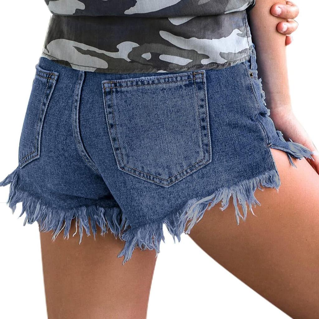 Women's Solid Color Casual Shorts Versatile Straight Leg Ripped Denim Shorts