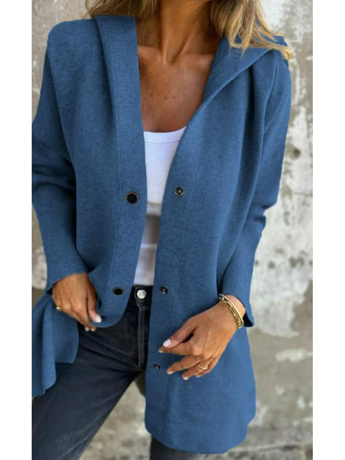 2025 Women's Solid Color Hooded Casual Jacket with Single-Breasted Design