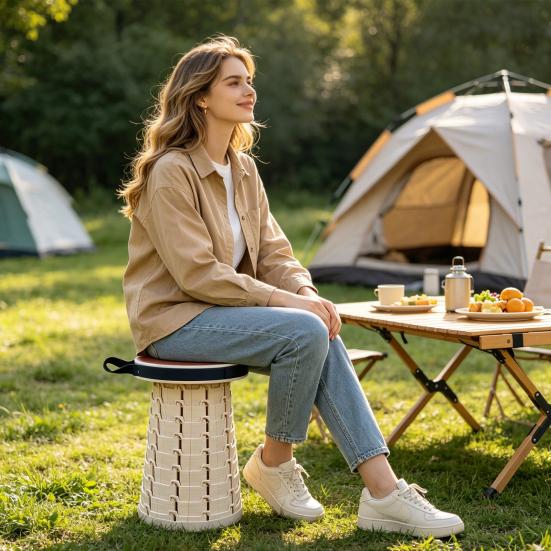 Outdoor Folding Stool with Carrying Handle Height Adjustable Retractable Stool Heavy Duty Camping Picnic Fishing Collapsible Telescoping Chair Seat
