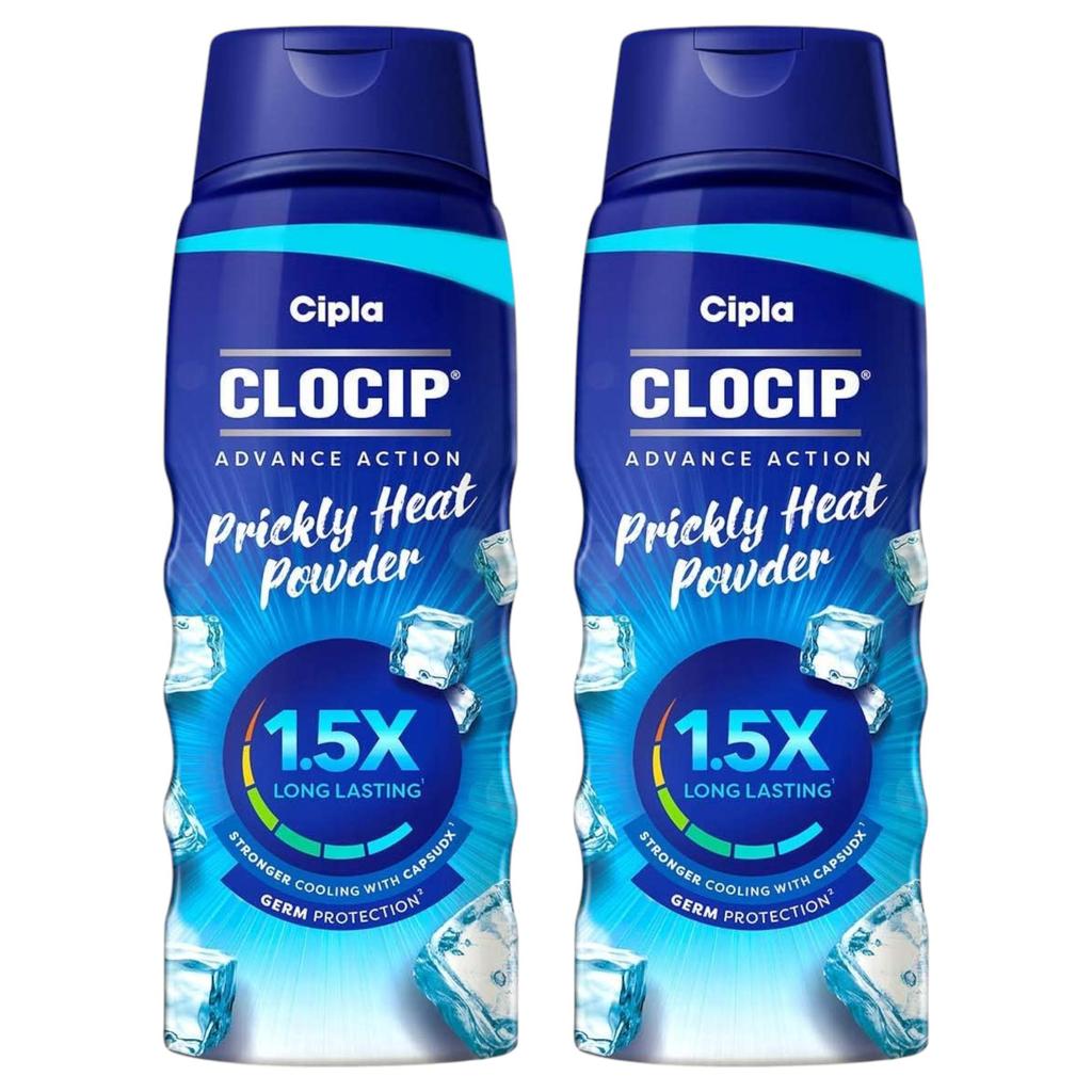 Cipla Clocip Advance Action Prickly Heat Powder 150g Pack of 2 Sweat Control Antiperspirant