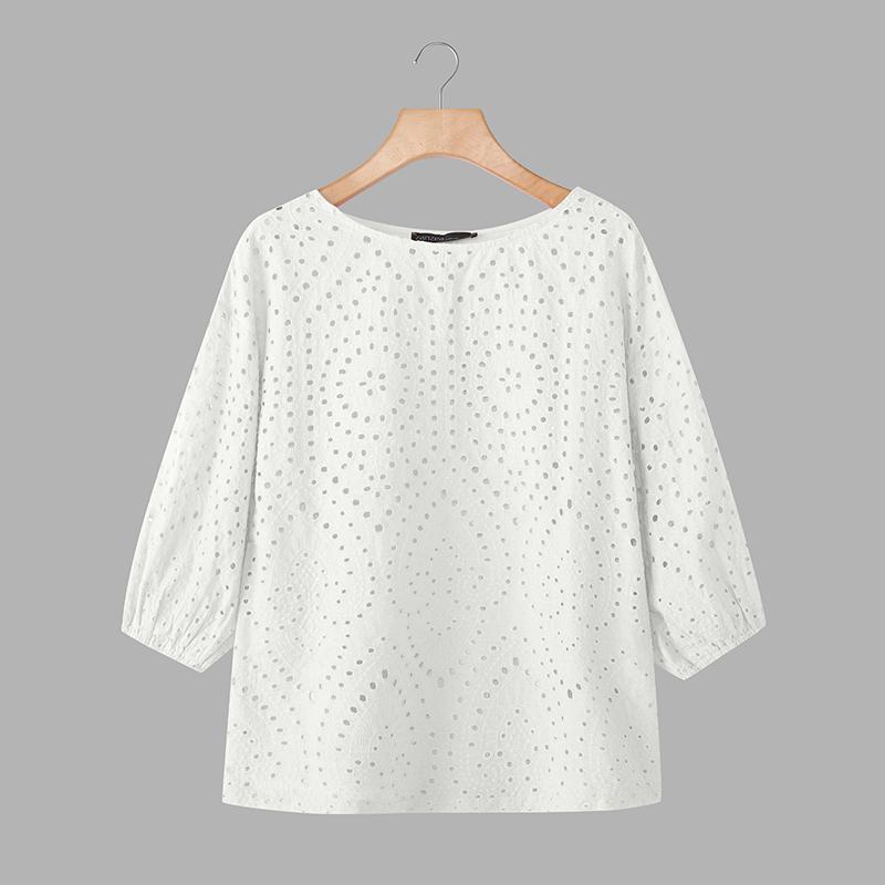 ZANZEA Women Casual Round Neck Half Sleeve Loose Patchwork Crochet Blouse
