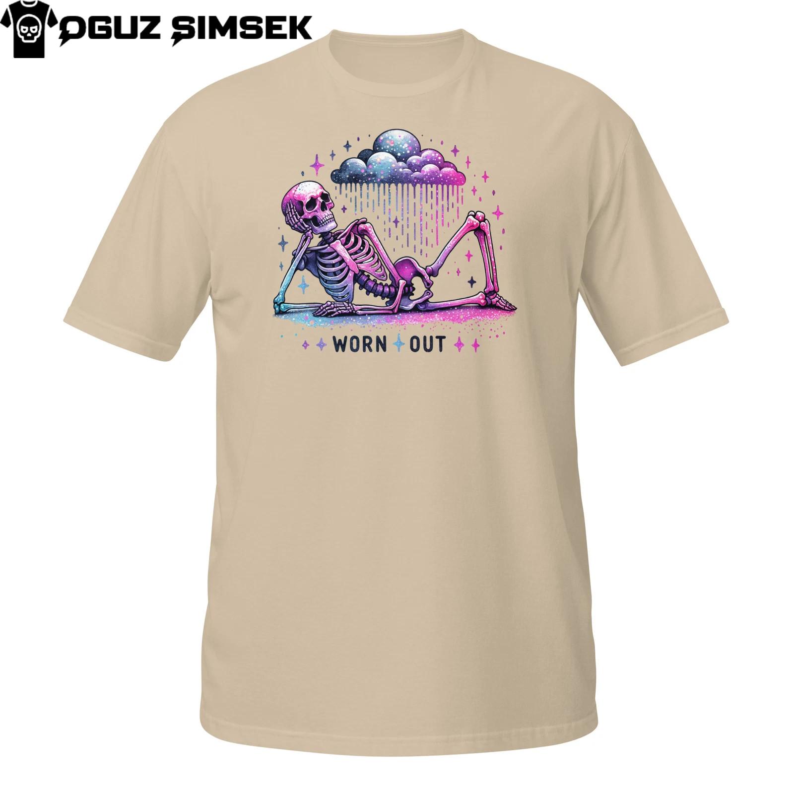 Worn Out Skeleton T-Shirt Mens Womens Tees Top | Funny Pastel Goth Tired Skull Raincloud Graphic Tee L