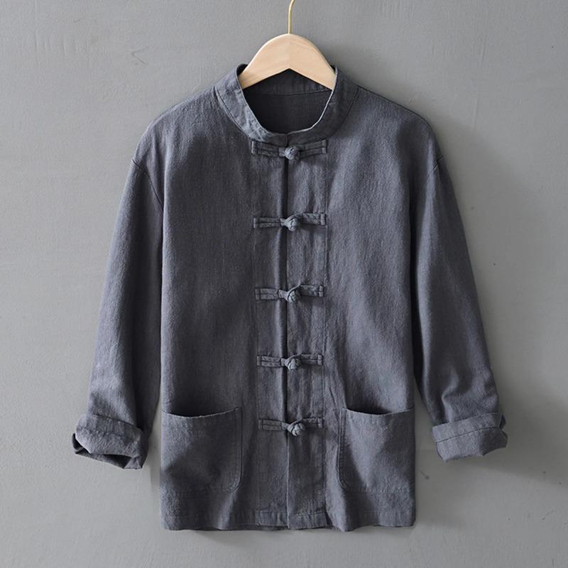 

Chinese Style Men s Shirt Soild Color Stand Collar Casual Blouses Chinese Knot Button Long Sleeved Shirts XXXXL сірий