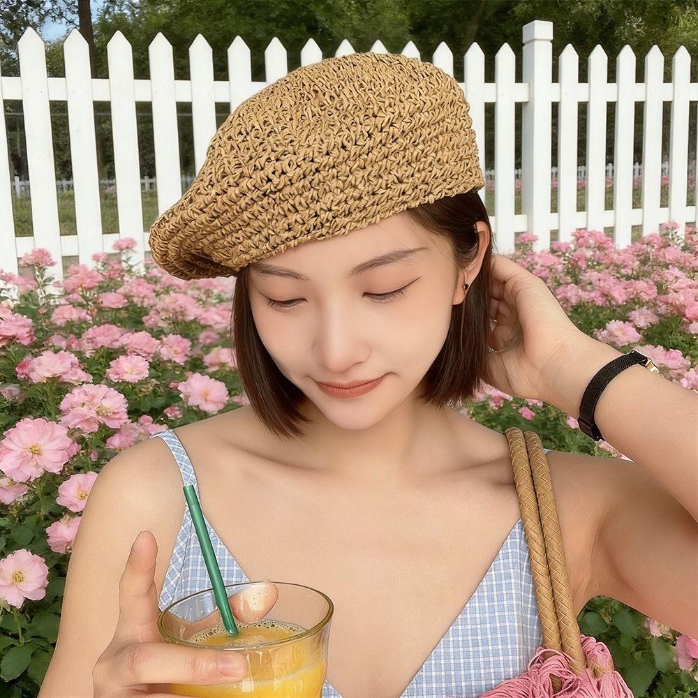 Boho Handmade Summer Straw Beret Thin Breathable French Crochet Beret Hollow Flat Design Beach Weave Beret Holiday Wear