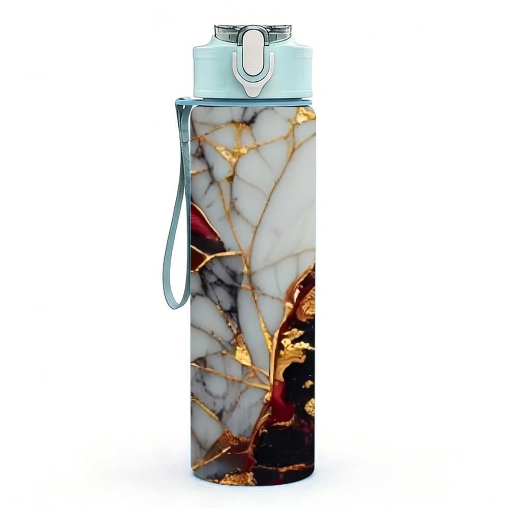 1PC Red Black Gold Marble Pattern 750ml Color Plastic Sports Water Bottle Leakproof Flip Straw Lid Suitable for Sports Office Home Use