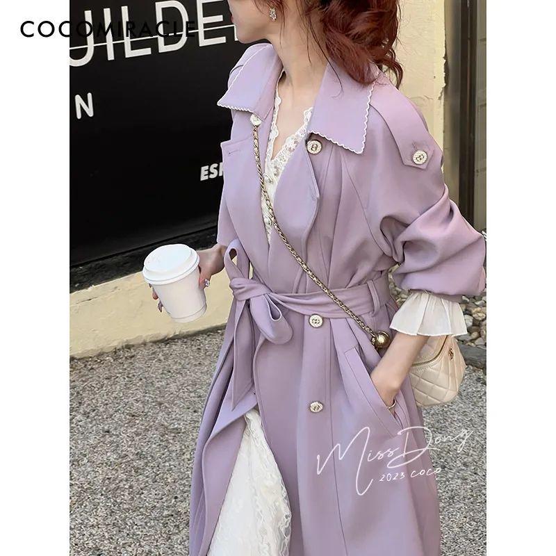 Women's Purple Double-Breasted Trench Coat - Korean Style Spring & Autumn Fashion, Casual Loose Mid-Length Design (2025)
