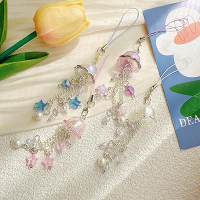 Y2K Purple Pink Jellyfish Key Chain Wind Chimes Star Heart Beaded Keyring for Phone Camera Earphone Case Charm Pendant Keycord