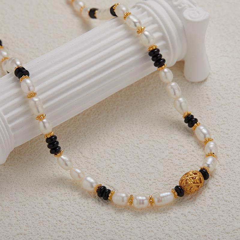 S925 Sterling Silver Natural Pearl And Black Agate Color Bracelet Women'S Fashion Premium Handmade Beaded Chain Earrings