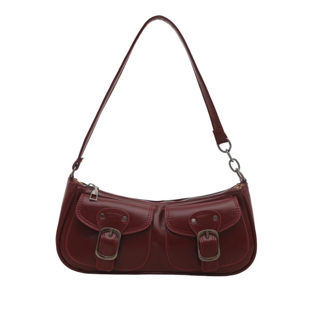Fashion Double Pocket Shoulder Bag Glossy PU Leather Top Handle Bag Zipper Solid Color Underarm Bag Women