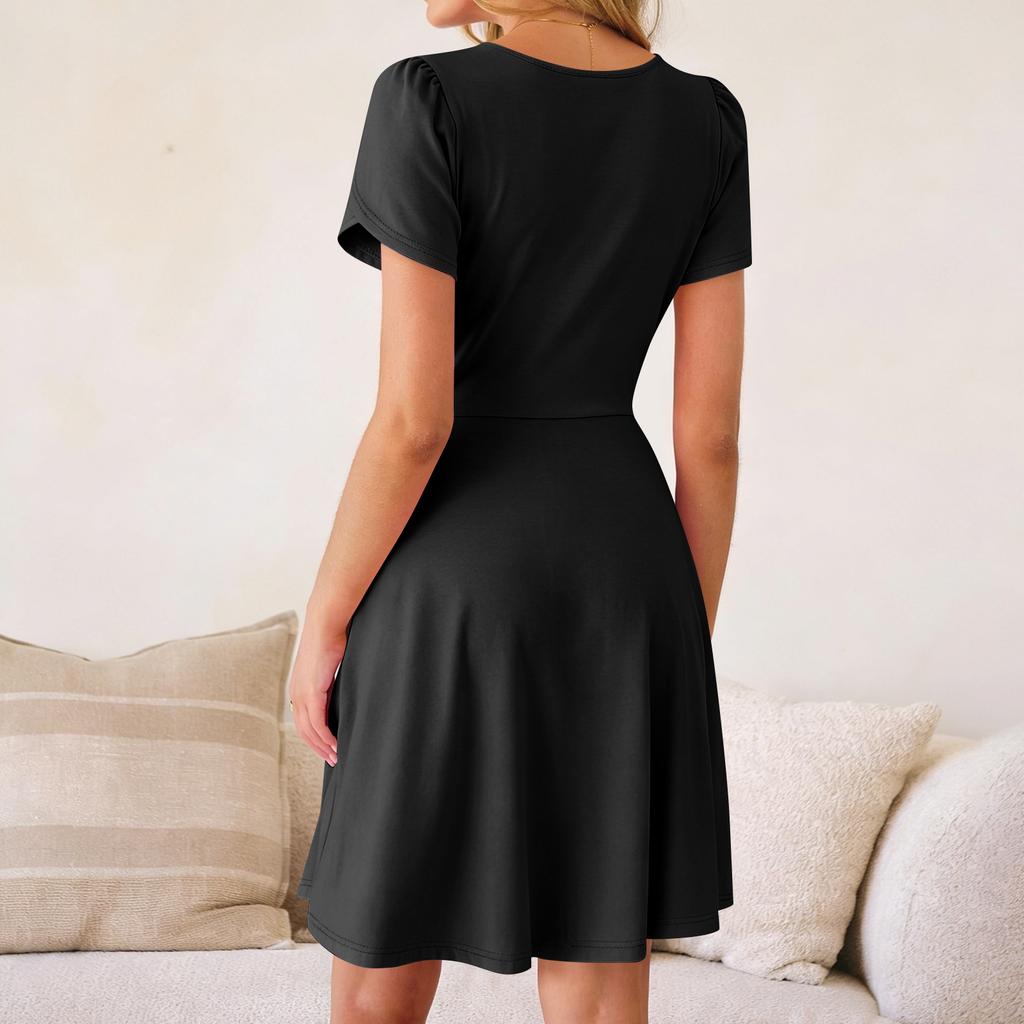Women's Summer Dress Short-Sleeve Wrap- V-Neck A-Line Dress