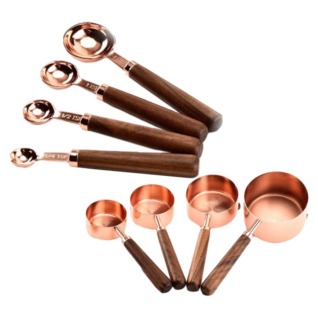 Measuring Cups Spoons Set Wooden Handle Baking Gadgets Stainless Steel Measuring Spoons for Nuts Baking Cooking Oil Milk