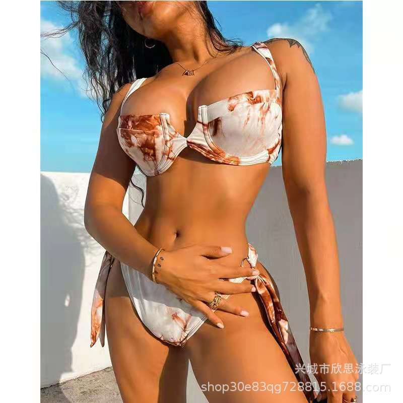 Split swimsuit women s tie-dye print hard bag sexy bikini European and American swimsuit S коричневый