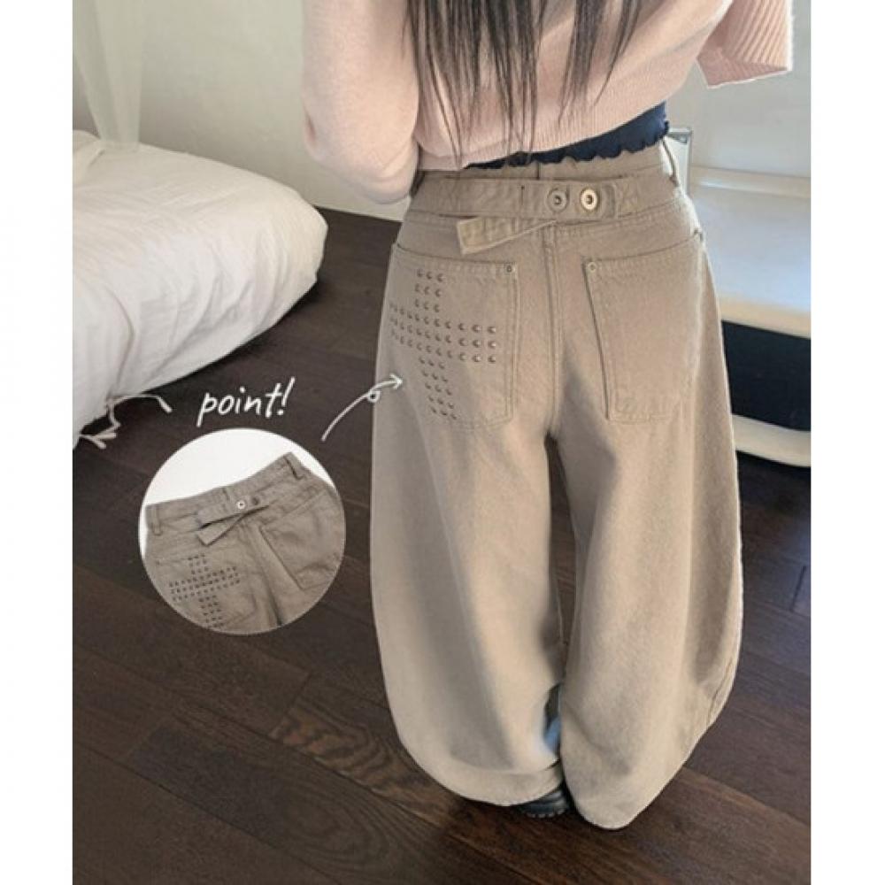 The Pink High Waist Beaded Stud Wide Curved Pants