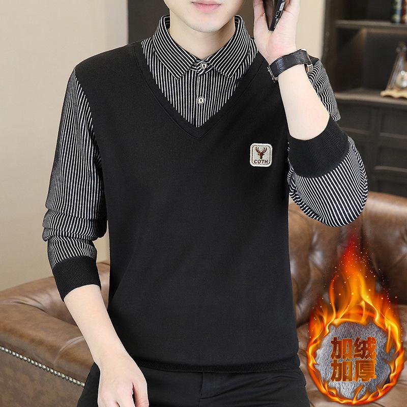 Cămașă groasă călduroasă pentru bărbați, căptușită, imitație două piese, țesături de înaltă calitate, pulover la modă și versatil