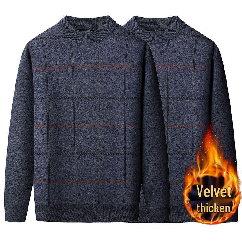 Warmer Herren-Pullover mit Karomuster und Plus-Samt für mittleres und älteres Alter (50er-60er Jahre) - Herbst/Winter Rundhals Basisschicht