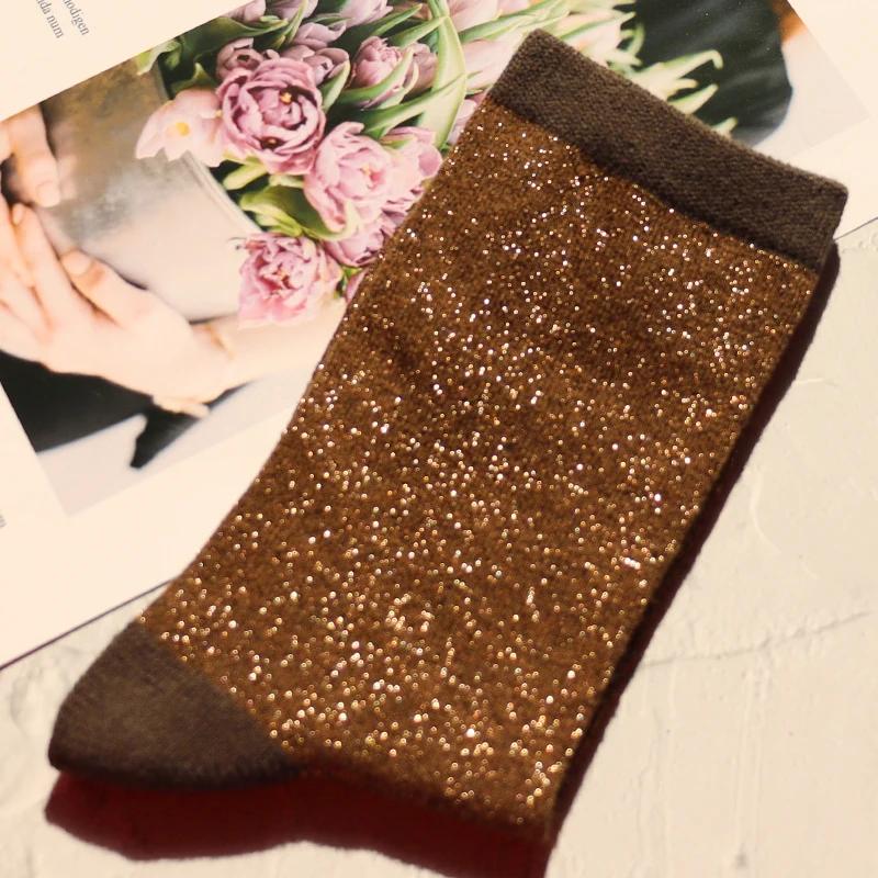 Fashion women's shiny solid color high quality combed cotton socks gold and silver thread soft and comfortable woman socks