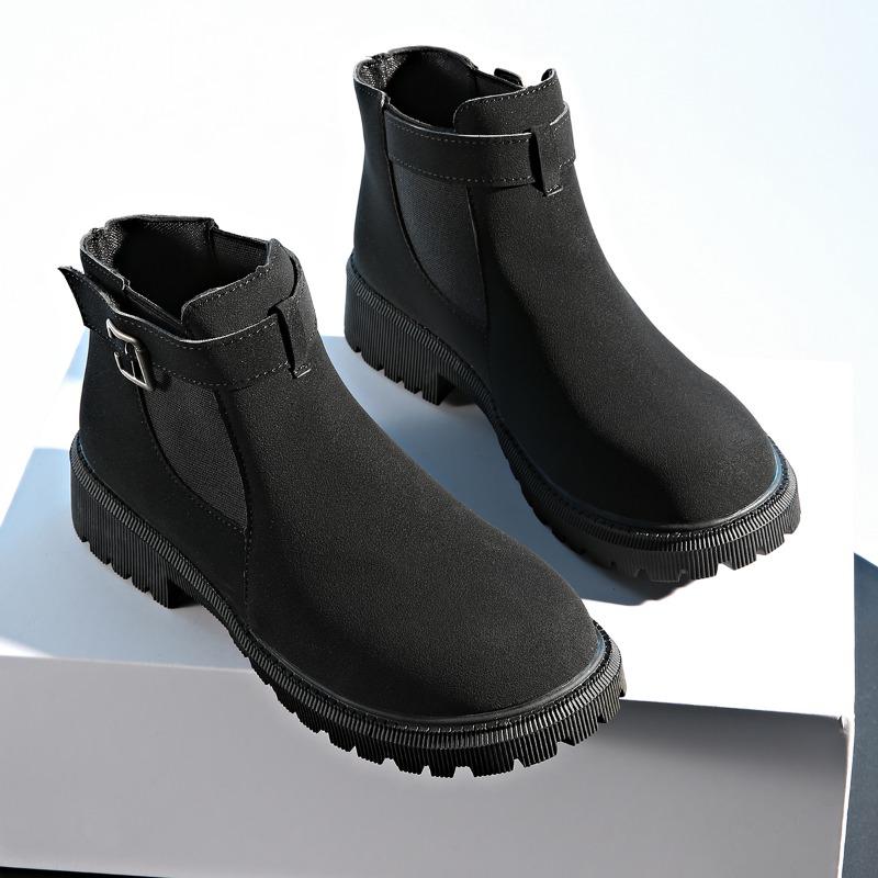 2024 Fashion Buckle Women's Boots Autumn Round Toe Solid Flock Short Barrel Shoes for Women Chunky Heels Large Size Naked Boots
