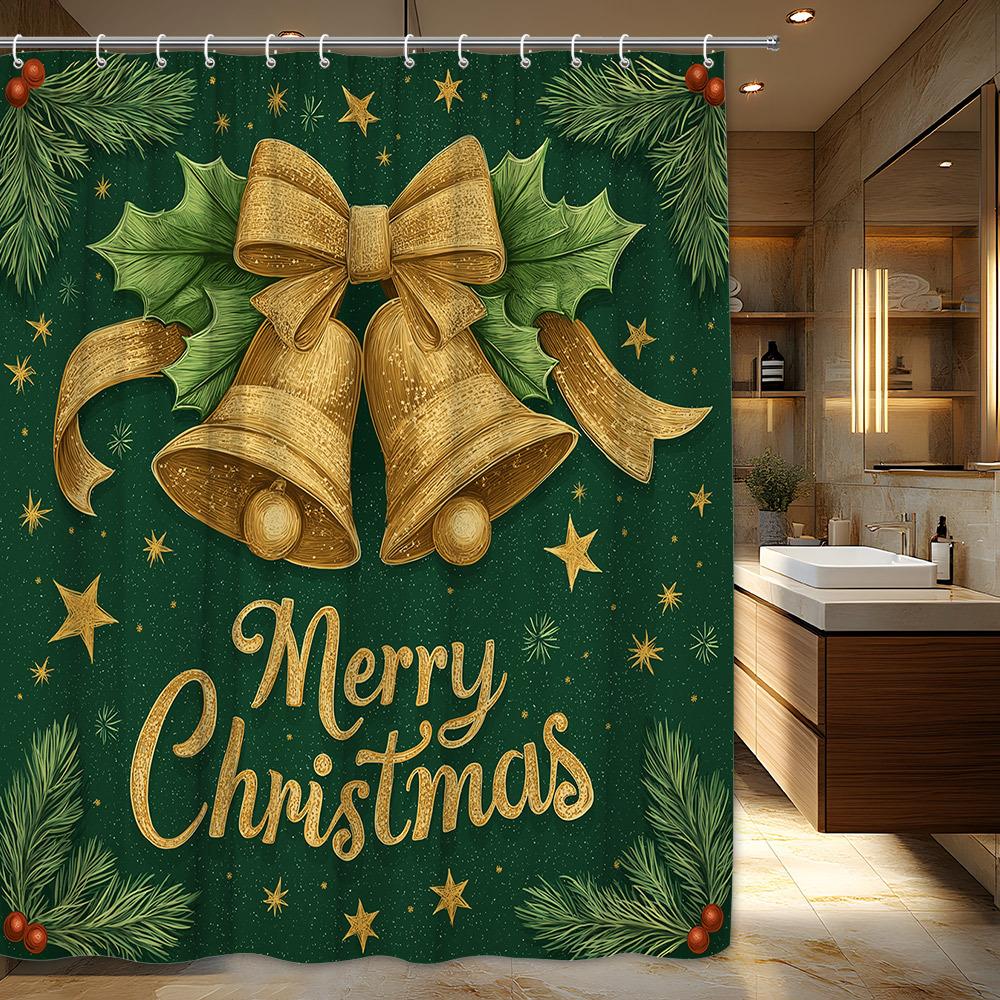 1pc Christmas Shower Curtain - Elegant Gold Bells, Holly Berries, Merry Christmas Script - Machine Washable Polyester Fabric 90X180cm
