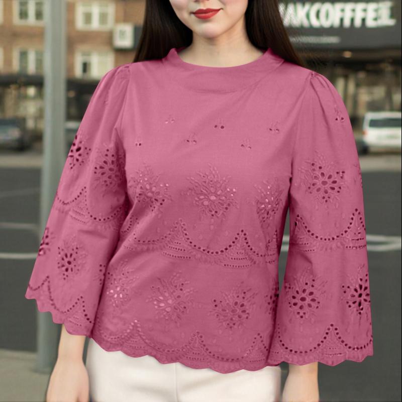 

ZANZEA Женская повседневная блузка с круглым вырезом и рукавами 3/4, с вязаной крючком лоскутной отделкой, свободного кроя 5XL розовый