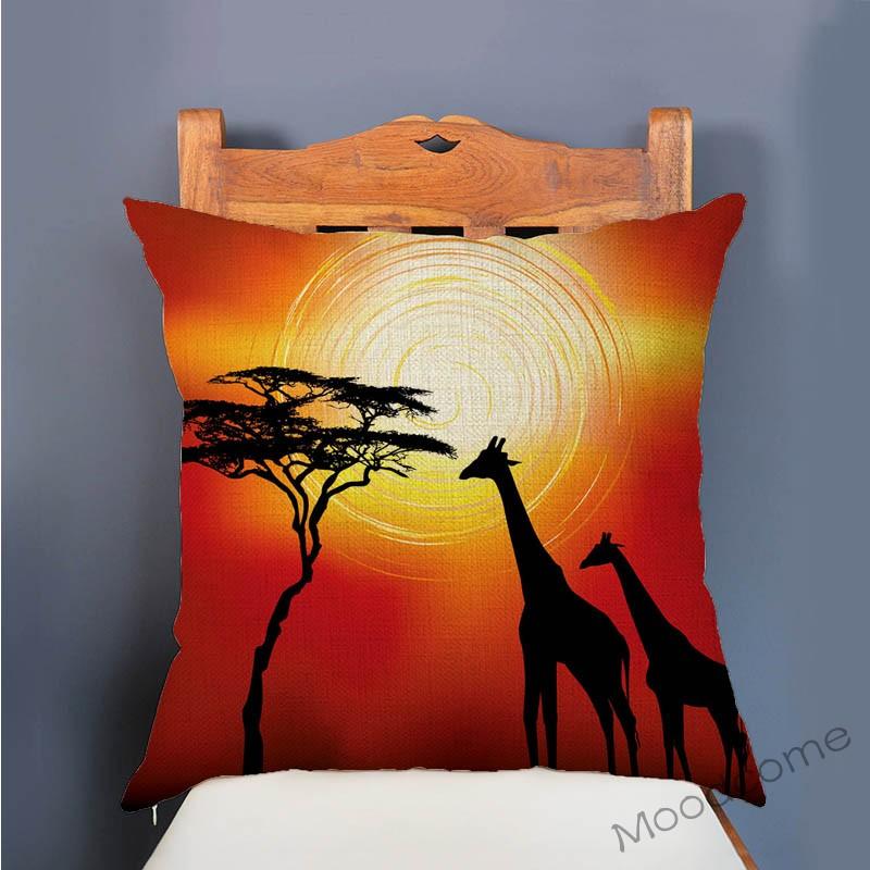 Africa Sunset Breathtaking View Scenery Art Gallery Decorative Throw Pillow Case African Animal Giraffe Elephant Cushion Cover