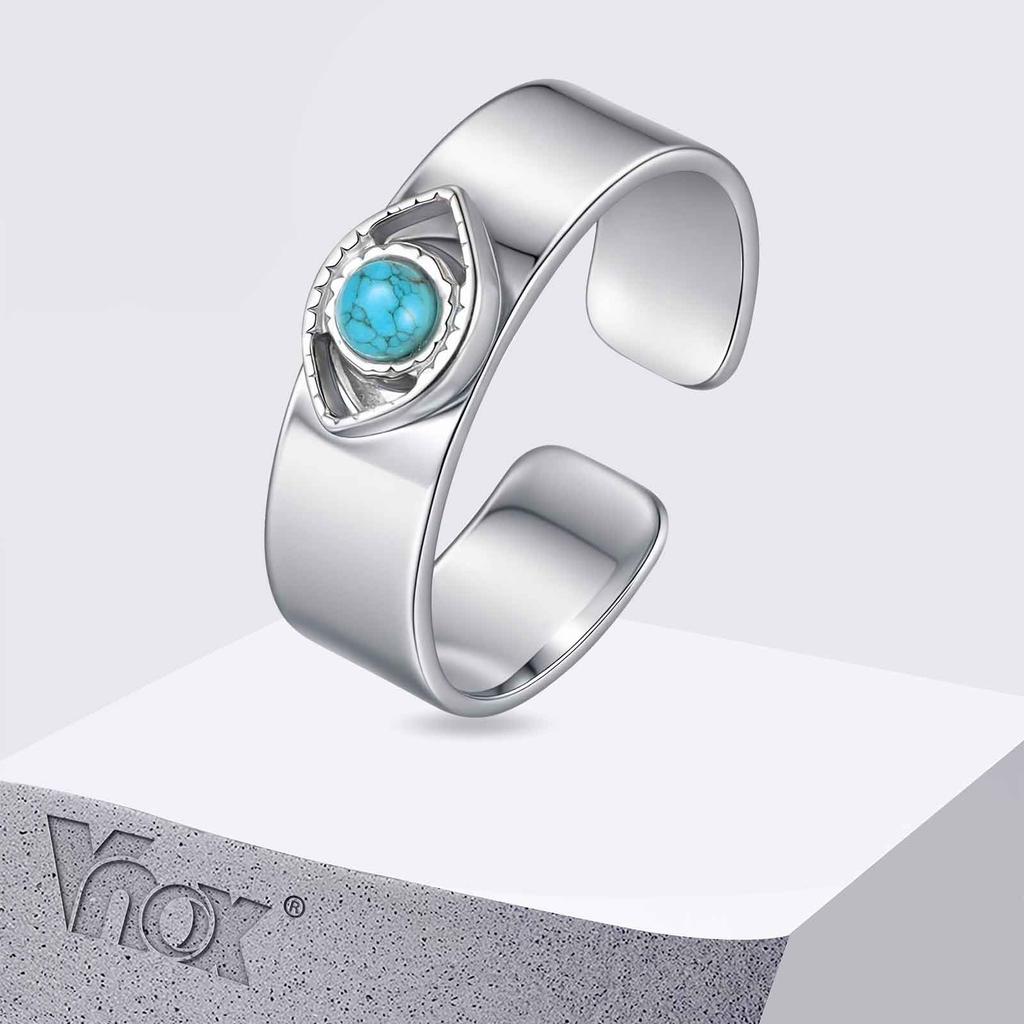 Vnox Devils Eye Adjustable Cuff Ring for Men, 6mm Wide Band Waterproof Stainless Steel Turquoise Stone Punk Rings Jewelry Gifts