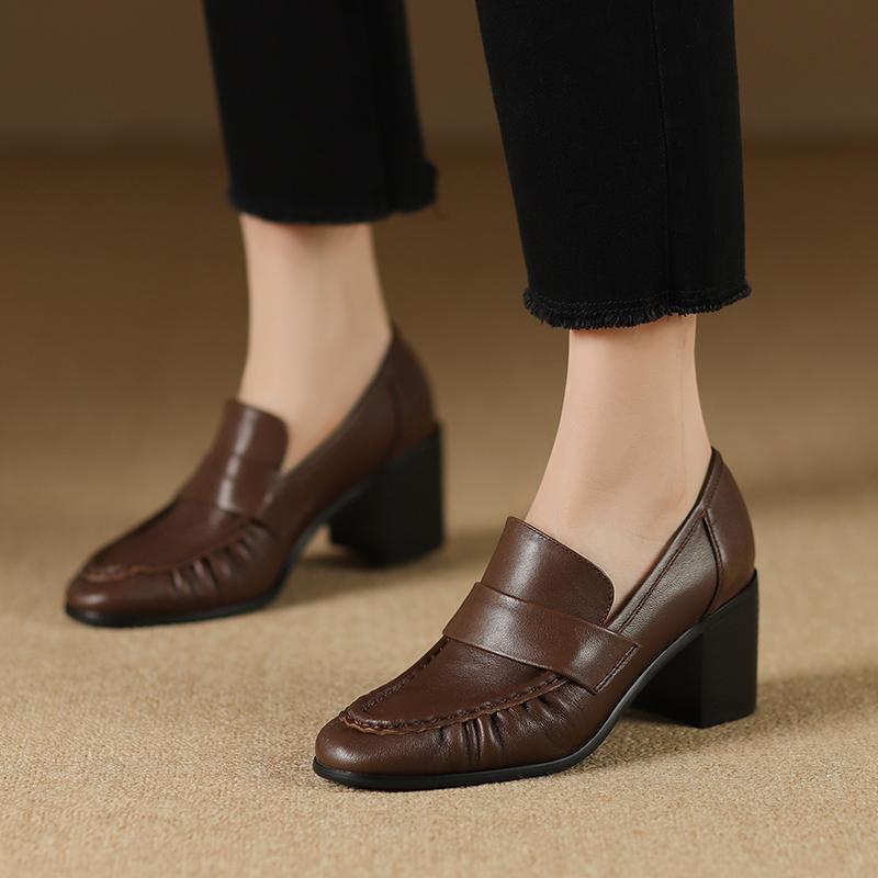 Fashion 2025 Women Pumps High Heels Classic Shoes Genuine Leather Round Toe Slip On Loafers Woman Leather Shoes Work Pleated Daily Shoes