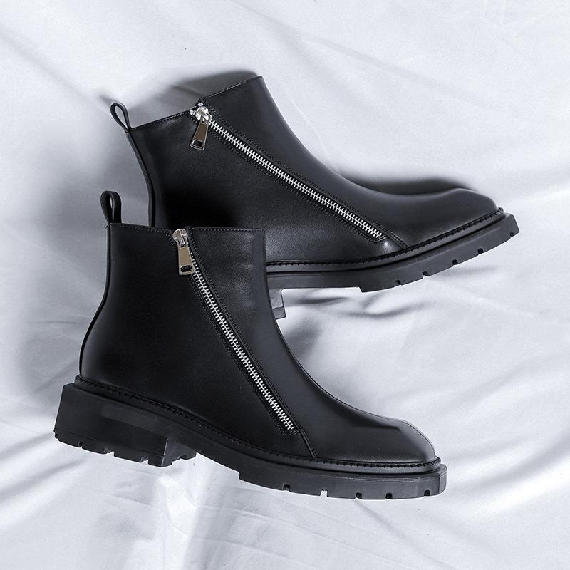 Chelsea Boots Boty z kůže s hranatou špičkou Britský styl Černé kotníkové boty na středním podpatku Dvojitý zip Martensky Trend 4512-R