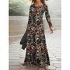 Long Sleeve Floral Print Dress for Women Vacation Style Black Base Multicolor Tropical Botanical Leaves Pattern Summer Casual