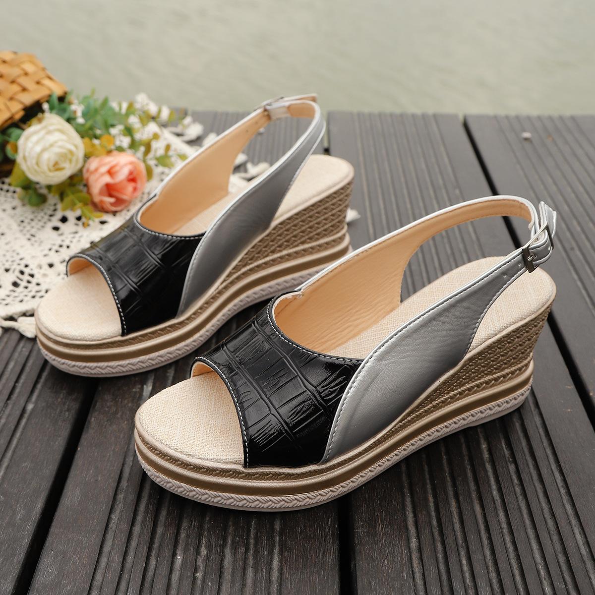 Plus Size Women Wedge Platform Sandals Peep Toe Buckle Strap Fashion Outdoor Slides 36