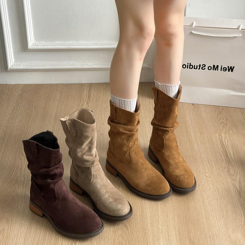Vintage pleated new western rad mid-heel short boots women's beauty autumn thick heel fashion round head stacking boots
