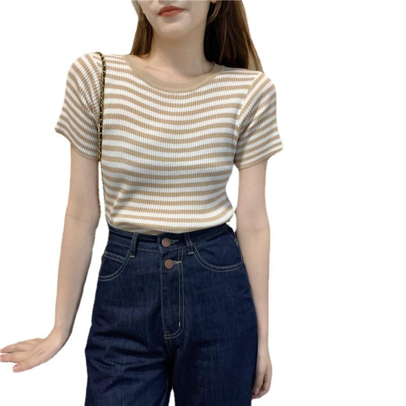 Rundhals Kurzarm T-Shirt Damen Sommer Hohe Taille Dünn Dünne Partie Gestreift Slim Kurz Stricktops Lässig Essentiell Slim Fit Pullover Tees