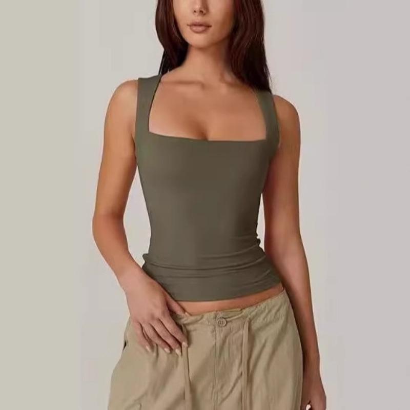 New Summer New Women's Square Neck Sleeveless Double Tank Top Basic Tights Black